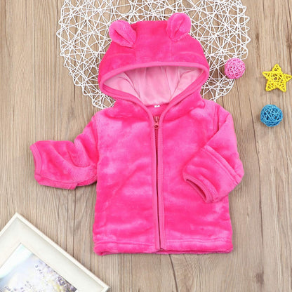 Infant Baby Boys Girls Fleece Ears Hat with Lined Hooded Zipper up Jacket Coat Tops Outwear Overcoat Warm Fall Winte